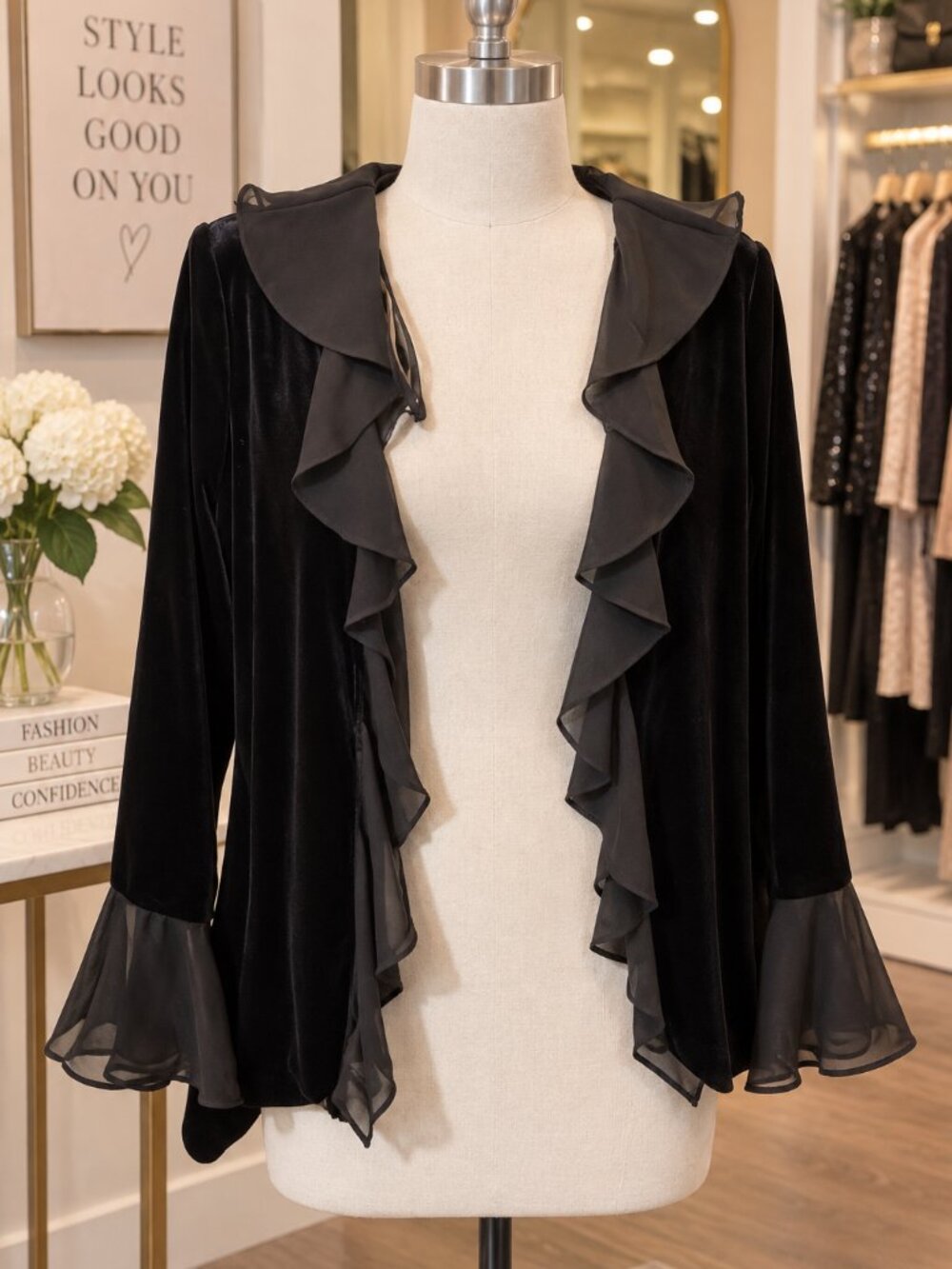 Xscape Black Velvet Chiffon Ruffle Open Front Cardigan Top Size Small